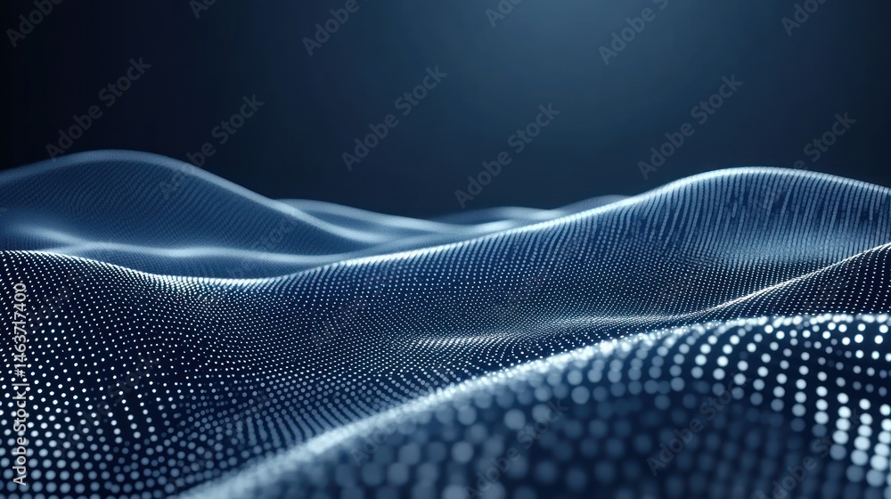 Poster abstract wave pattern of illuminated dots on dark blue background