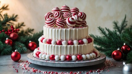 Holiday-themed layered cake decorated with lollipops, red and white confetti, featuring fir branches and balls on a concrete surface.