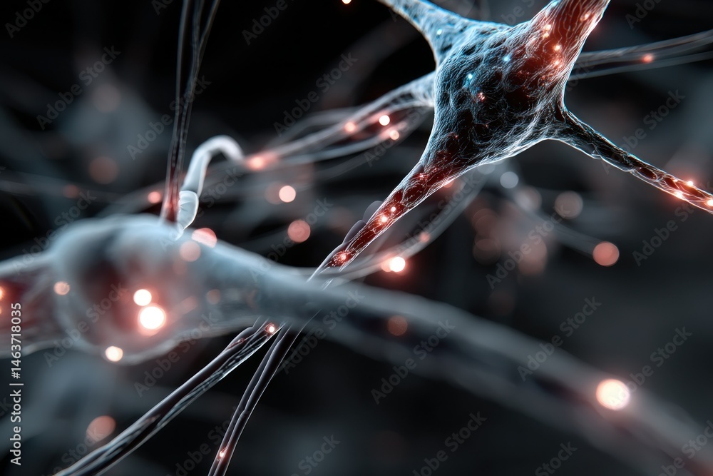 Poster detailed visualization of neurons with glowing synapses in a dark background