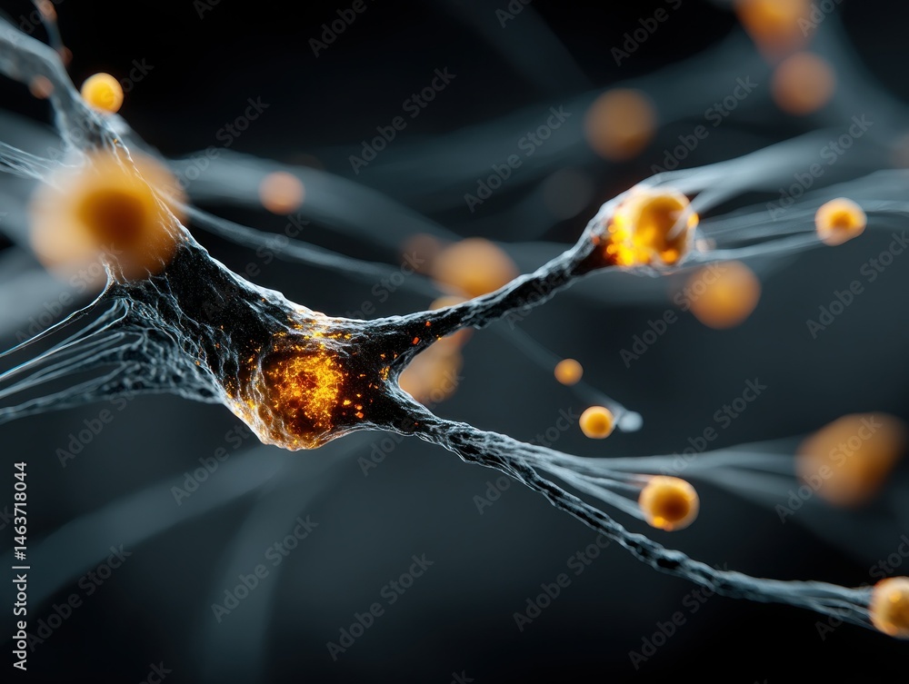 Poster detailed microscopic view of neurons with transmitting signals and connections