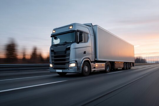Powerful truck cruising down highway at sunset, showcasing robus