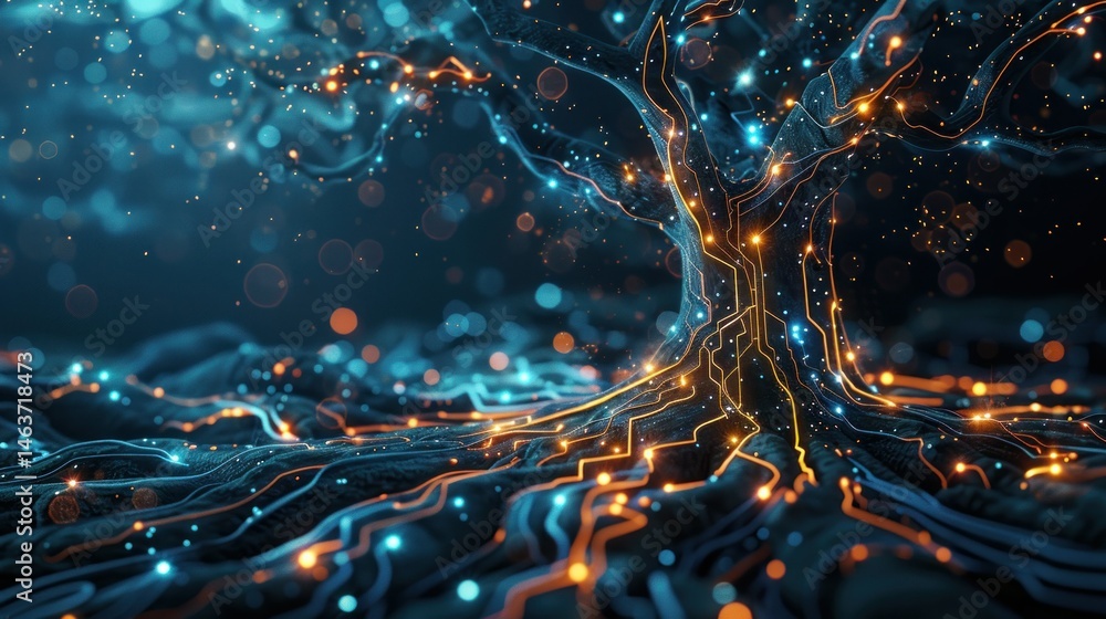 Poster digital tree with glowing lines and colorful lights