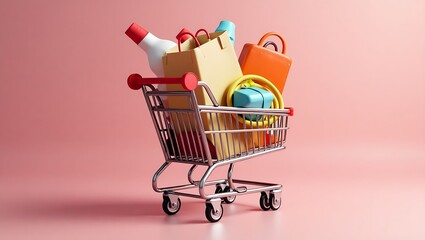 Shopping cart with items, 3D e-commerce style