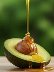 Honey pouring over half avocado on soft clean lush green natural background
