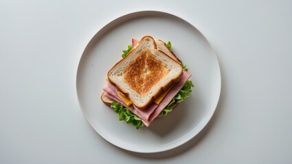 Top-down view of a tasty ham and cheese sandwich on white bread
