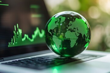 Rotating green world globe on a laptop screen depicts growth and success with an upward trending graph.