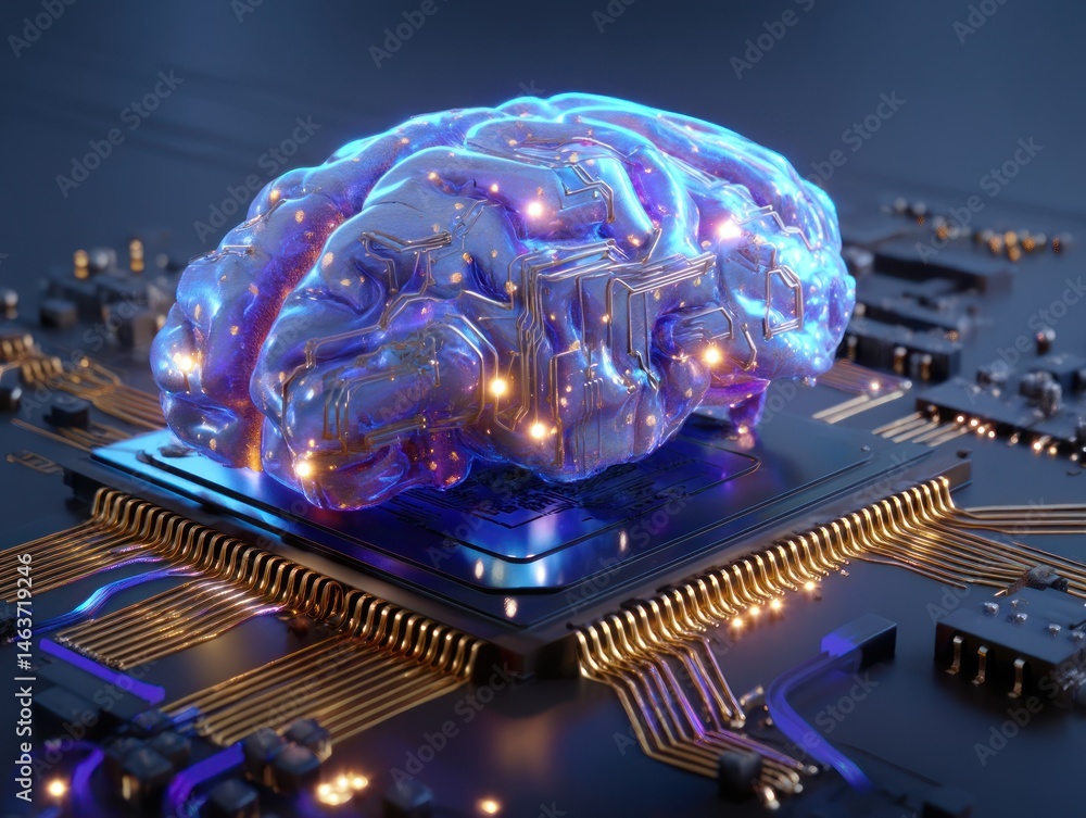 Poster futuristic brain design on circuit board symbolizing advanced technology
