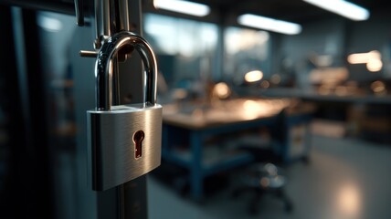 A metal padlock is secured on a door in a modern, well-lit workshop or laboratory, emphasizing security and restricted access.