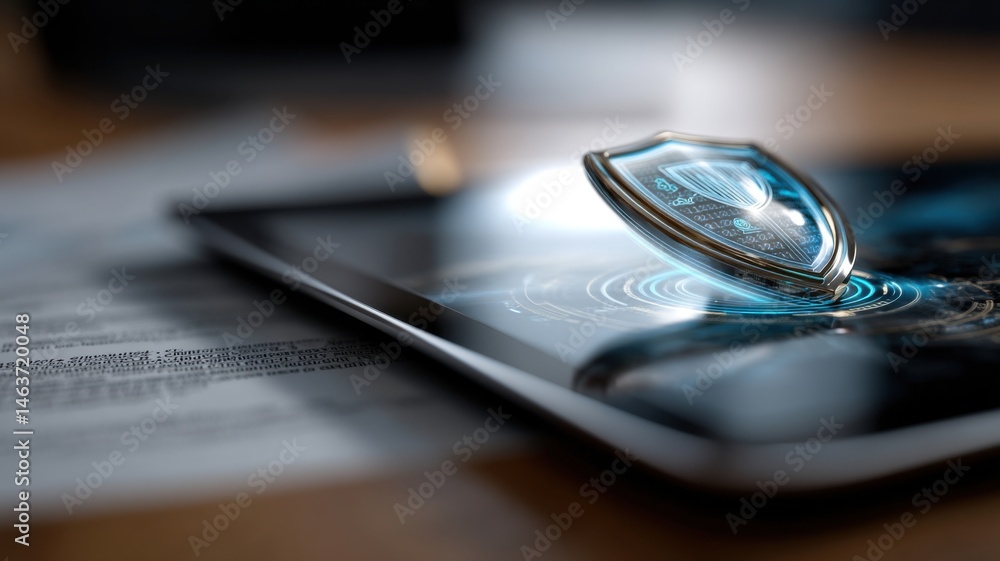 Poster a digital shield hologram appears above a tablet, symbolizing cybersecurity and data protection in a
