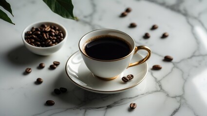 Elegant coffee mug and beans on a table top view