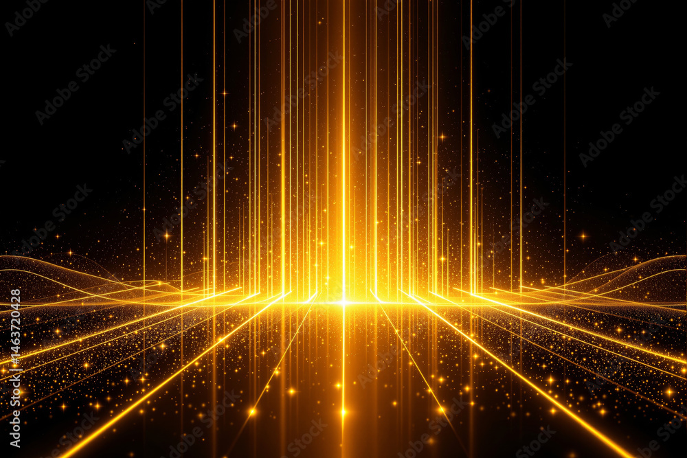 Aufkleber golden light beams rising from a glowing grid with sparkles and particles, futuristic abstract style