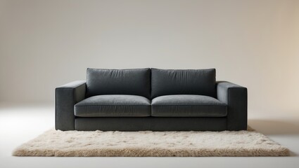 Studio image featuring a grey sofa placed on a carpet in isolation