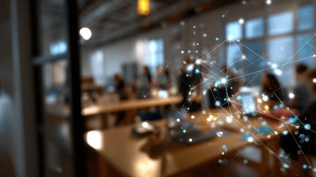 A modern office with people working and a digital network overlay symbolizing technology and connectivity.