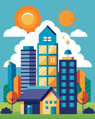Obraz premium In a bustling city a residential highrise utilizes solar energy to power its advanced security system providing residents with peace of mind.. Vector illustration