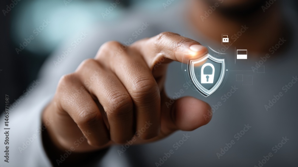 Poster a person touches a virtual security shield with a lock icon, representing cybersecurity and data pro