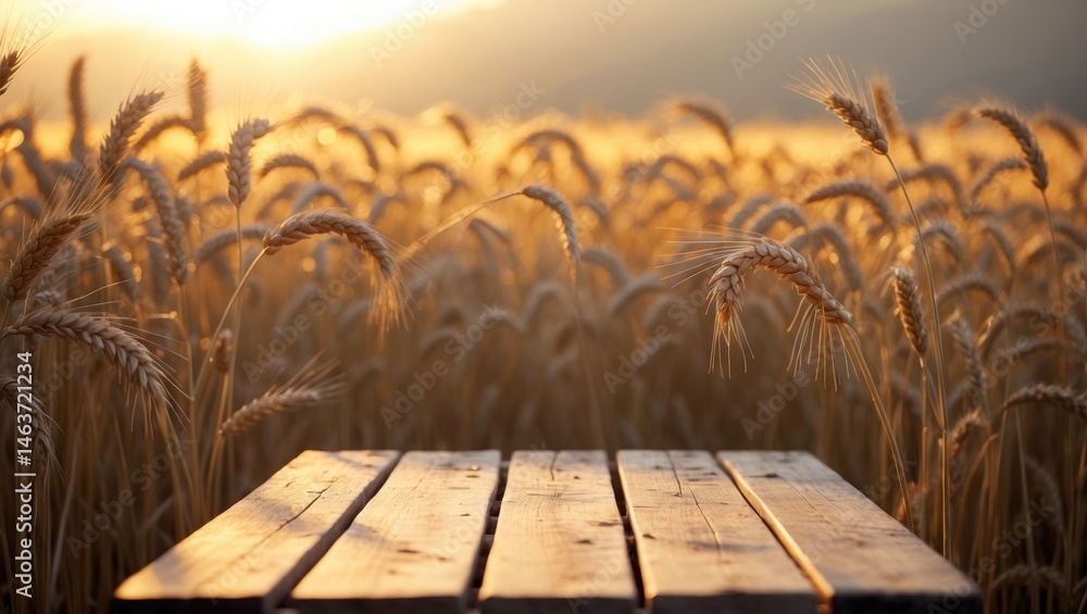 Poster wooden table on deck set against a wheat field at dawn or dusk. ideal for product advertising.