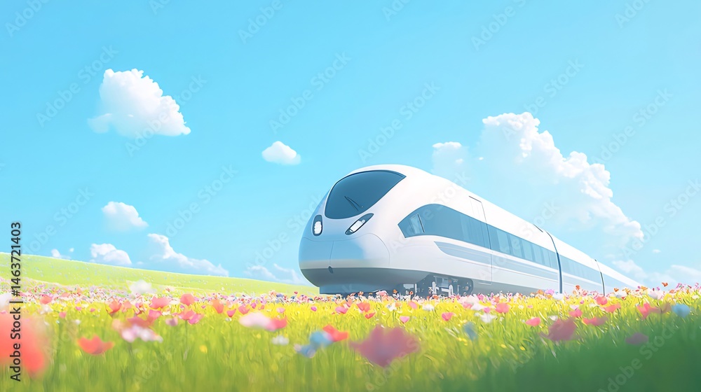 Poster 晴れた日に花畑を走る白い高速列車 未来的なデザインと鮮やかな風景を捉えた鉄道輸送のイメージ