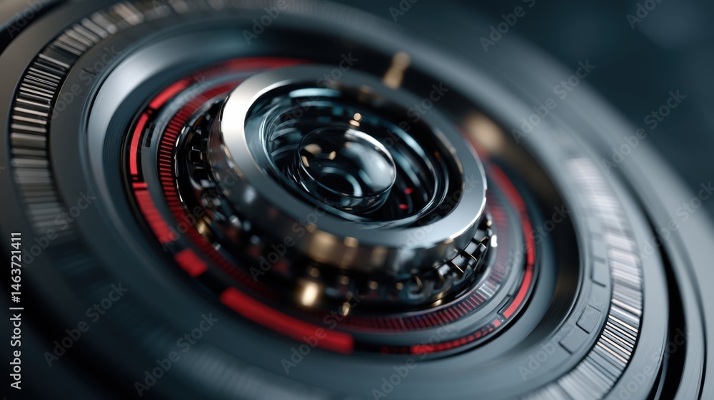 Poster a futuristic close-up of a mechanical lens or high-tech device with intricate metallic and red detai