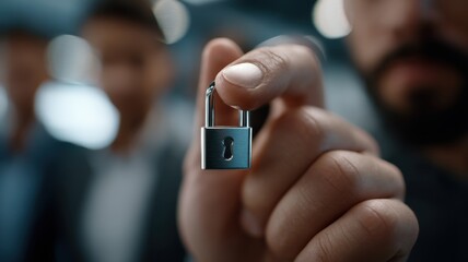 A person holds a padlock up close, symbolizing security and protection in a business environment.