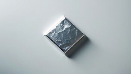 Close-up of wrapped square chocolate piece with shiny metallic foil, isolated on white