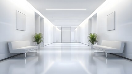 Fototapeta premium Empty, modern hallway with minimalist white furniture.