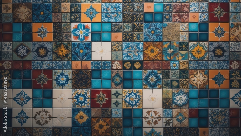 Poster decorative background featuring a textured mosaic tile pattern with vivid colors