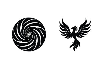 Obraz premium Black and white vector illustration of a spiral vortex and mythical phoenix design element