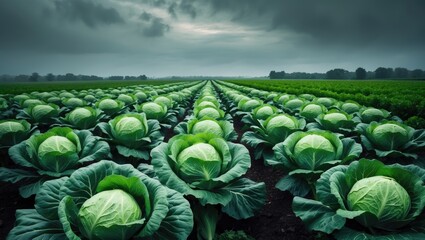 A field of ripe, fresh cabbages lines the countryside beneath a cloudy sky, showcasing healthy agricultural growth.