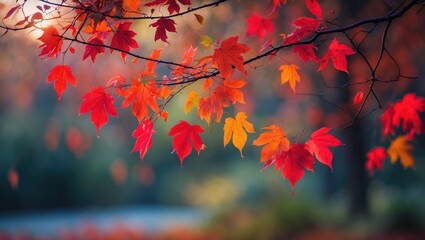 Colorful fall foliage with a soft-focus background and close-up of leaves