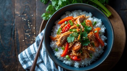 Asian-style sweet and sour pulled chicken with carrot, red bell pepper, and sesame seeds served over rice in a bowl on a wooden table, close-up shot