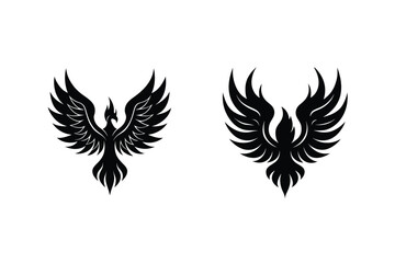Black phoenix bird logos design for tattoo symbol or corporate branding on white background