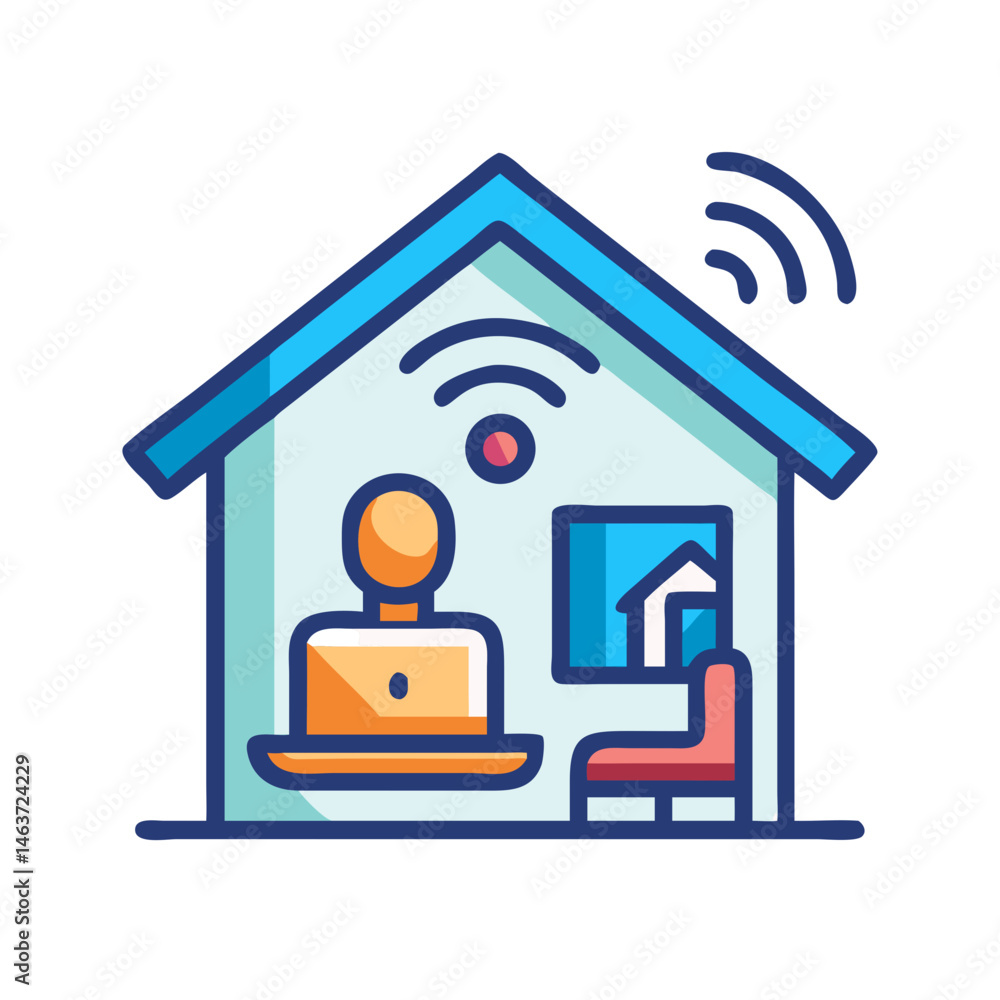 Poster smart home with user icon representing remote worker and home office setup