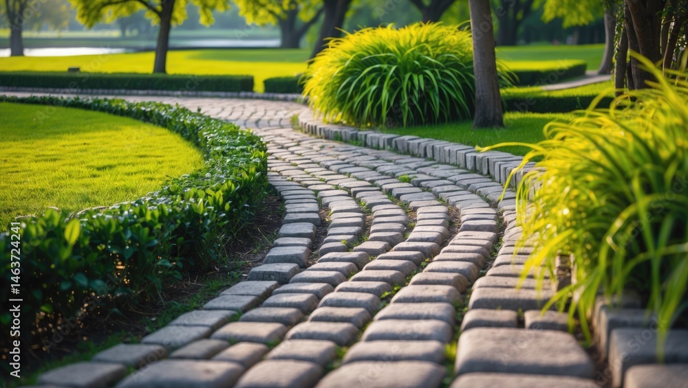 Poster pathway made of stone blocks in the park with a green grass setting