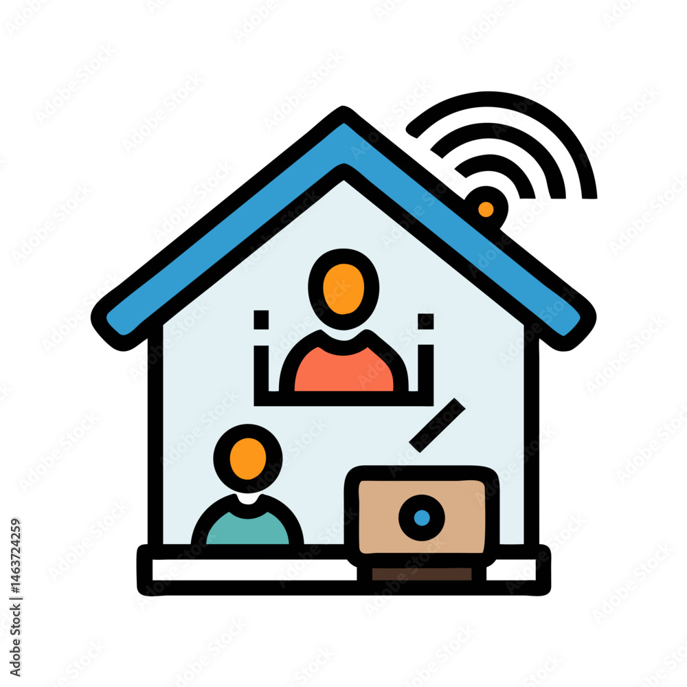 Poster smart home with user icon representing remote worker and home office setup