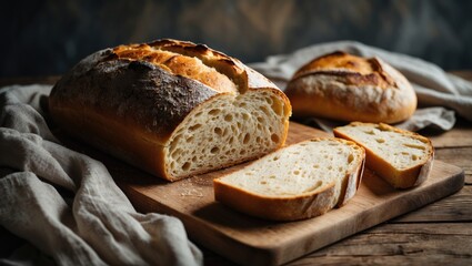 Sliced freshly baked crusty bread on a cutting board