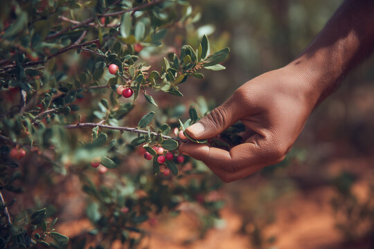 Fototapeta close up young hand picking berry leaves in australian outback, aboriginal bush tucker theme