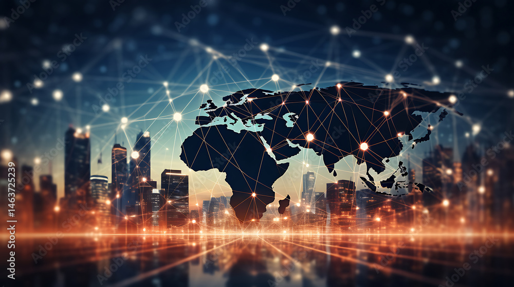 Poster global network connection over modern cityscape background representing technology,communication and