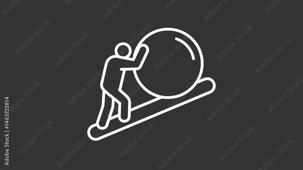 Poster sisyphean labour line animation. person pushing huge ball uphill animated icon. never get done tasks