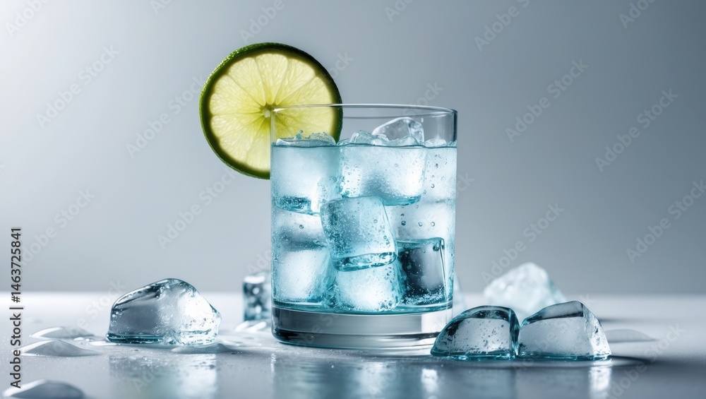 Poster isolated shot of gin and tonic in a glass with ice and lime wedge