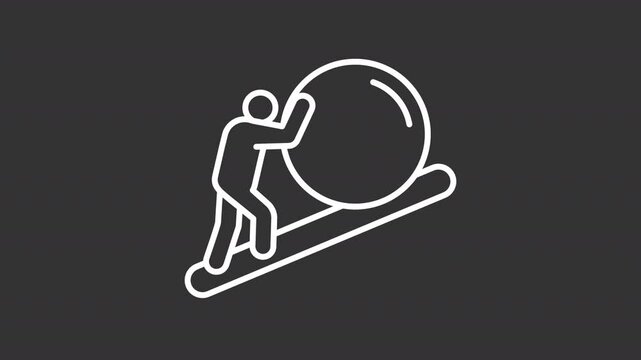 Sisyphean labour line animation. Person pushing huge ball uphill animated icon. Never get done tasks. Endless and futile work. Isolated element on dark background. Alpha transparent video
