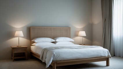 Stylish bedroom interior featuring a wooden bed with headboard, white bedding, and matching bedside tables with lamps