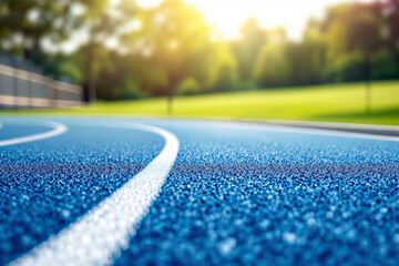 Blue running track with white lane lines, detailed texture in focus, blurred green park background, warm morning light, concept of outdoor fitness. Ai generative