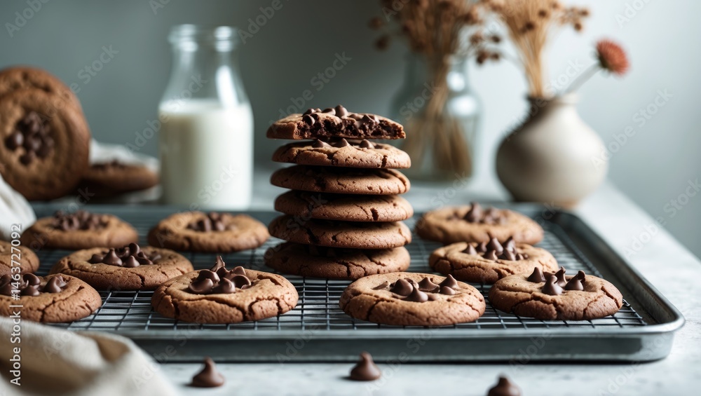 Poster isolated image of baked chocolate cookies with candy topping on a plain background