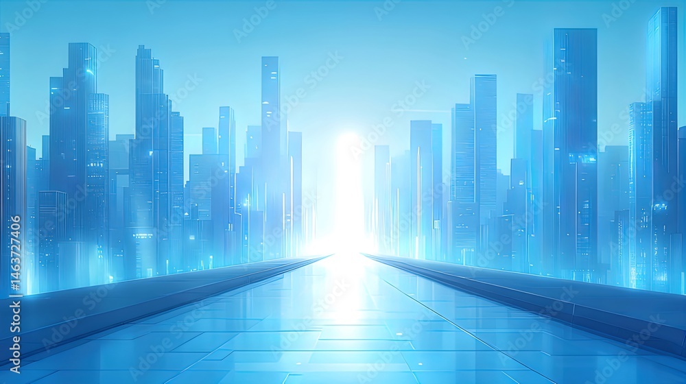 Aufkleber 明るいライトが特徴の未来的な青い都市景観が広がる幾何学的な都市デザインと建築が特徴