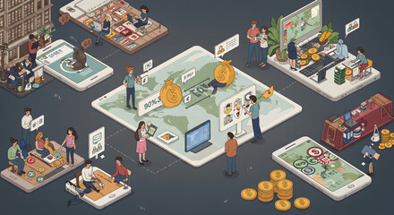 Isometric Pixel Illustration Of People Interacting With Technology And World Map