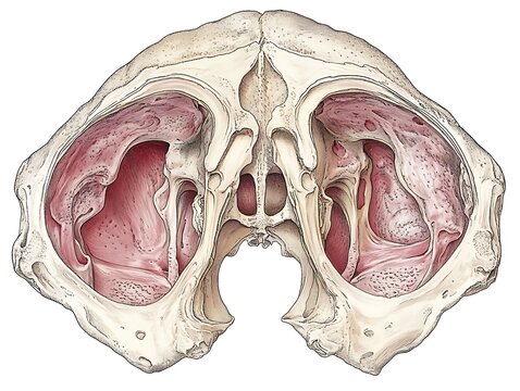Cross-section view of human skull with nasal cavity and sinuses