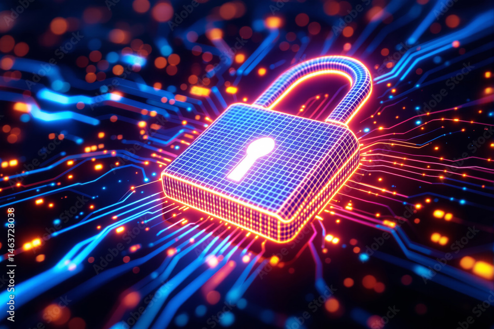 Poster glowing padlock with grid texture on illuminated circuit board background, vibrant light effects, sy