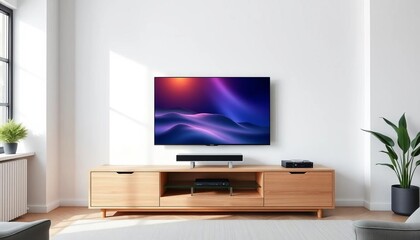 Sleek flat screen TV atop a minimalist wooden entertainment center in a contemporary living room, style, flat screen tv
