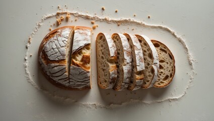 Whole and sliced rye bread with flour sprinkled, isolated on white background from above