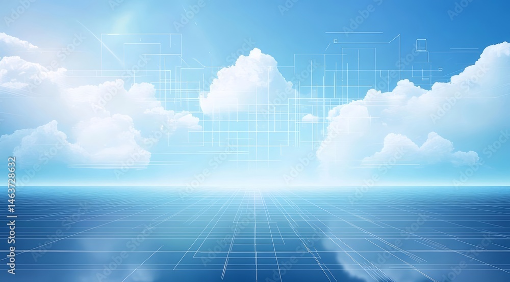 Aufkleber 水色空と雲と水面と水平線のある抽象的な背景図 未来的なデジタルグラフィックデザイン